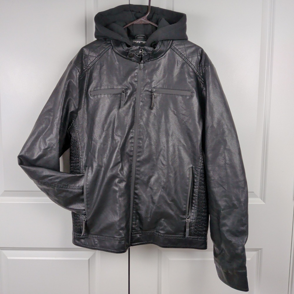 Grunge Moto Biker Mens XL Black Faux Leather Jacket Removable Hood Quilted
